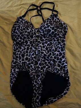 Time and Tru Leopard Print One-Piece Swimsuit with Black Straps